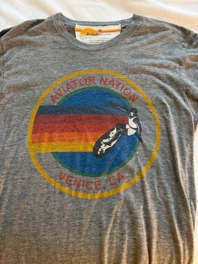 Aviator Nation Grey Vintage Logo Short Sleeve Tee with Rainbow Stripes